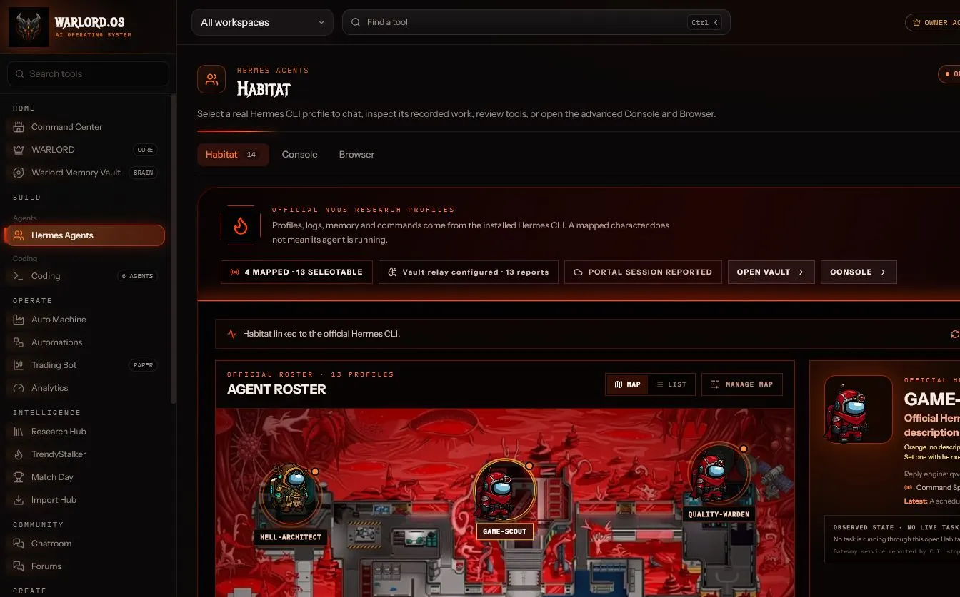 Real Warlord.OS Hermes Agents Habitat screen