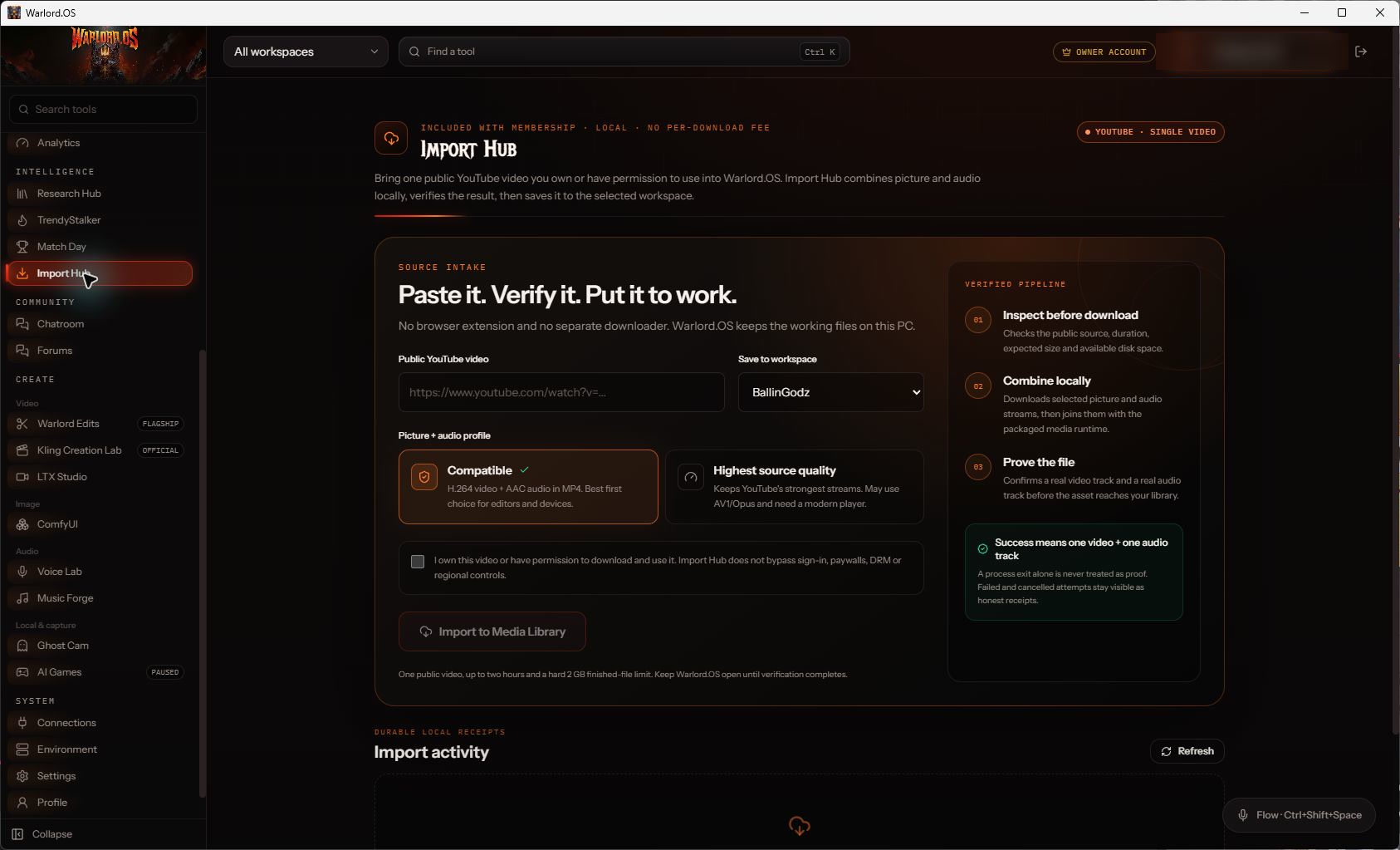 Real Import Hub screen inside Warlord.OS