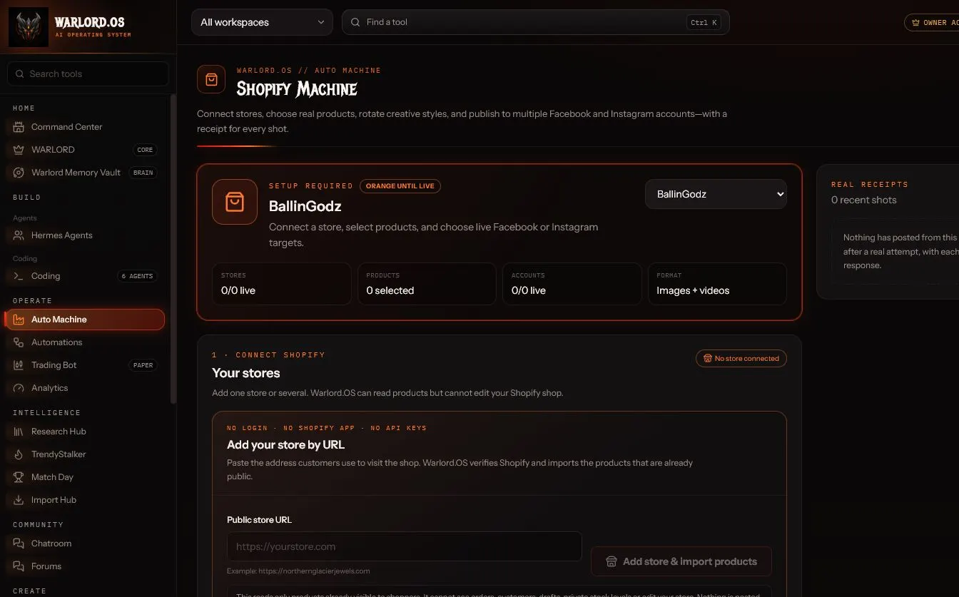 Real Warlord.OS Shopify Machine setup screen